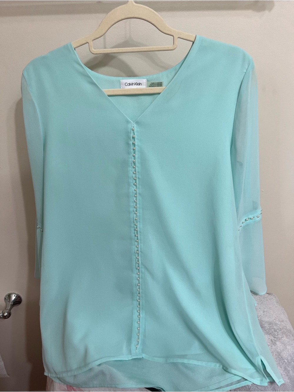 Women’sCalvin Klein Soft Blue Beaded V-Neck Blouse